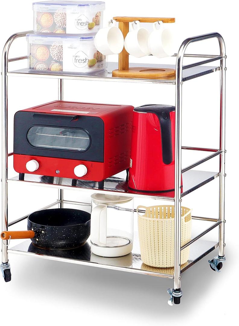 Susunnus Stainless Steel Cart With Wheels - 3 Tier Kitchen Utility Cart, Metal, Movable, Suitable for Various Occasions - Gift Tools (3T)