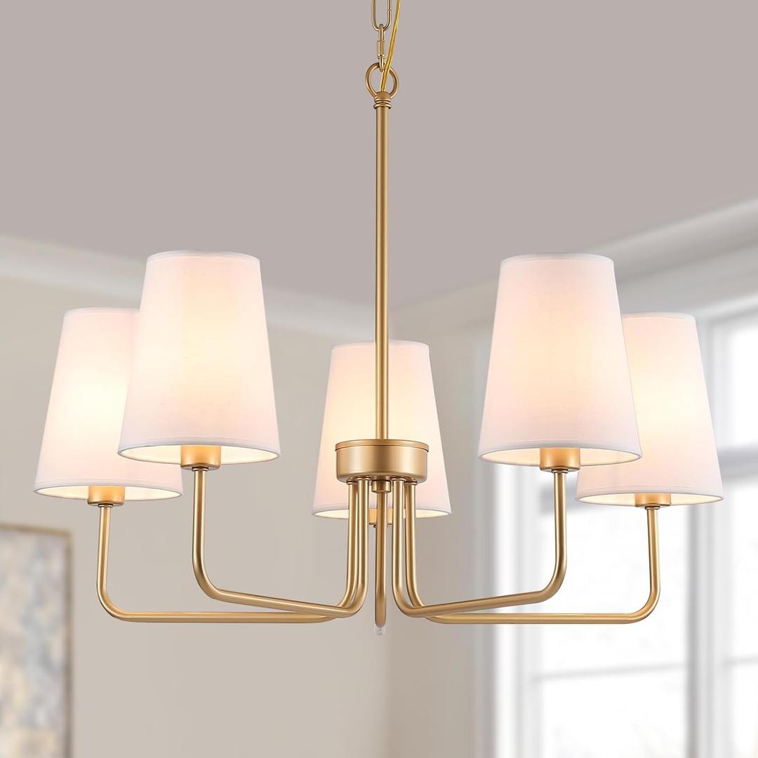 AMZASA Farmhouse Chandelier, 5-Lights Visual Comfort Gold Light, Muted Gold with White Fabric Shade, Linear Island Lighting Fixture for Kitchen, Dining Room