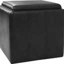 HomePop Home Decor Storage Ottoman with Tray Top|Upholstered Modern Square Storage Ottoman with Storage for Living Room & Bedroom, Black Faux Leather