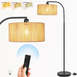 Boho Standing Lamp with Dimmable Bulb Nartual Rattan Adjustable Lampshade, Black Modern Farmhouse Rattan Floor Lamp for Living Room, Bedroom, Office, Classroom