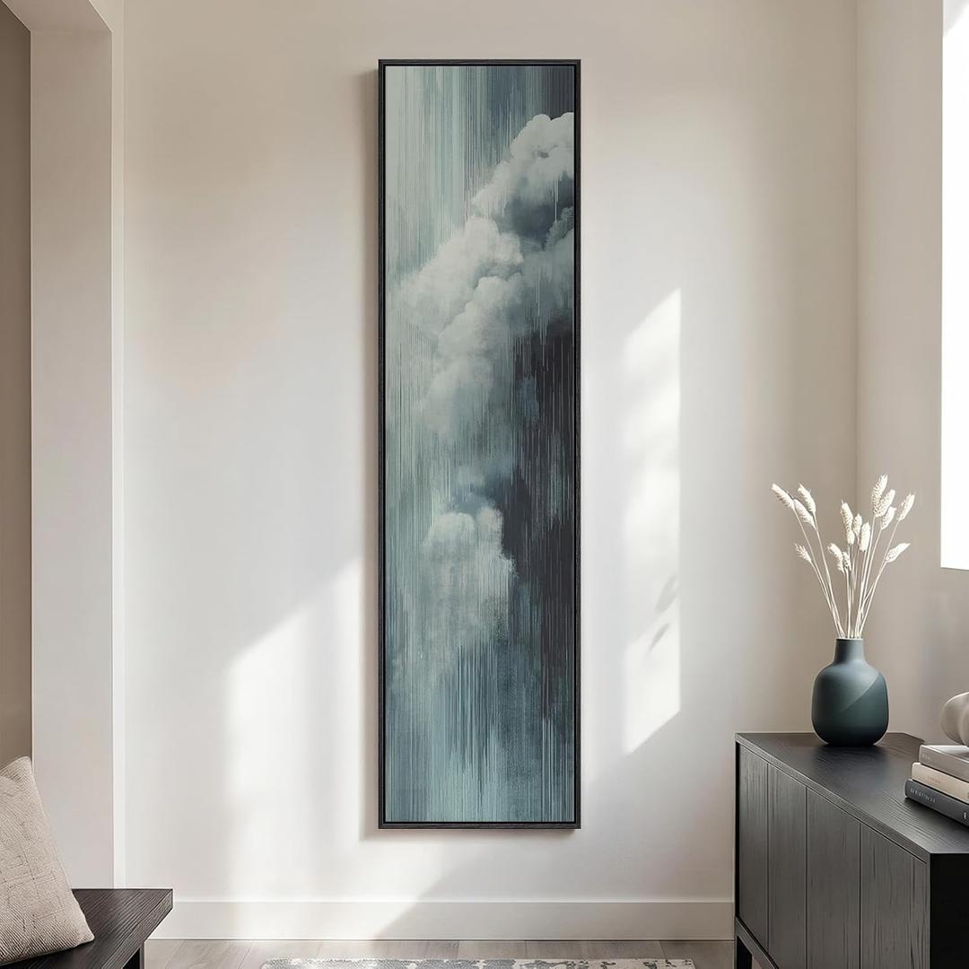 Framed Long Narrow Blue Cloud Abstract Modern Vertical Wall Art, 14x56 Inch