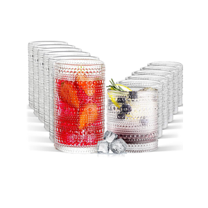 Hobnail Drinking Glasses Set of 12, 11.8 oz Vintage Glasses Drinking Set & 10 oz Cocktail Glasses Set, Embossed Glass Cups for Kitchen, Beer, Juice, Cocktail, Whiskey, Milk