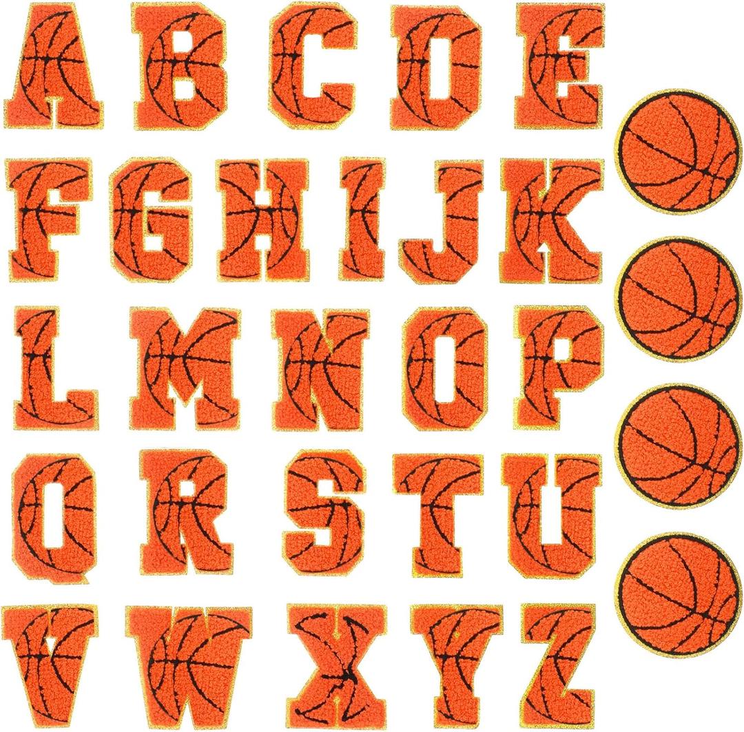 Hotop 30 Pcs Chenille Letter Patches Iron on Patches for Clothing Sports Patches Chenille Embroidered Applique for Bags Hat DIY Clothing Jackets Backpacks Repair (Orange,Basketball Letter Style)