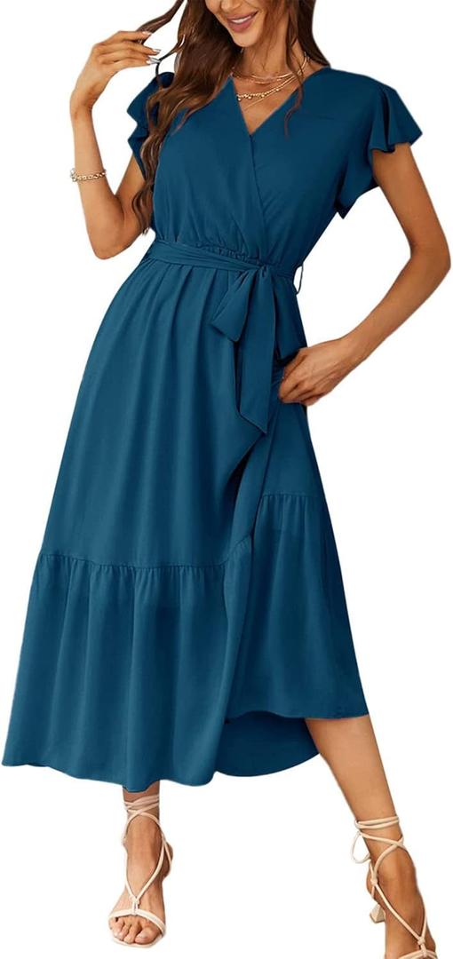 PRETTYGARDEN Women's Summer Floral Boho Maxi Dress Short Sleeve Wrap V Neck Ruffle Long Flowy Beach Wedding Guest Dresses (Solid Lake Blue), S