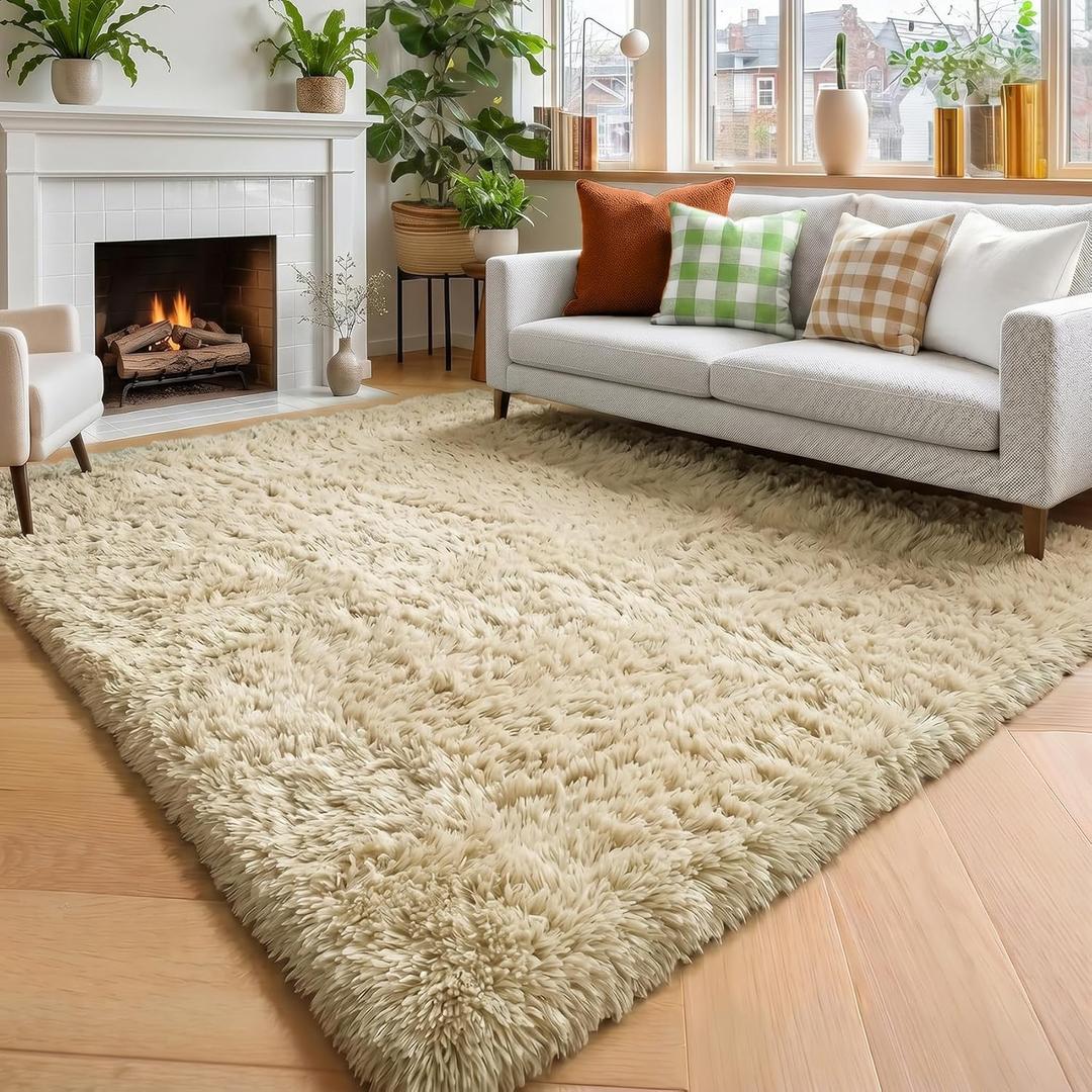 Amdrebio Beige Area Rugs for Bedroom Kids Room, Fluffy Plush Shaggy Furry Fuzzy Rug 4x6 for Living Room Decor Aesthetic, Soft Cute Shag Neutral Tan Carpet for Teens Baby Nursery Playroom Preppy Dorm
