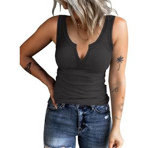 HERILIOS Women's Tank Tops Ribbed V Neck Sleeveless T Shirts Summer Slim Fitted Basic Tee Tops Crew Neck Cami Shirt (Black), Size S