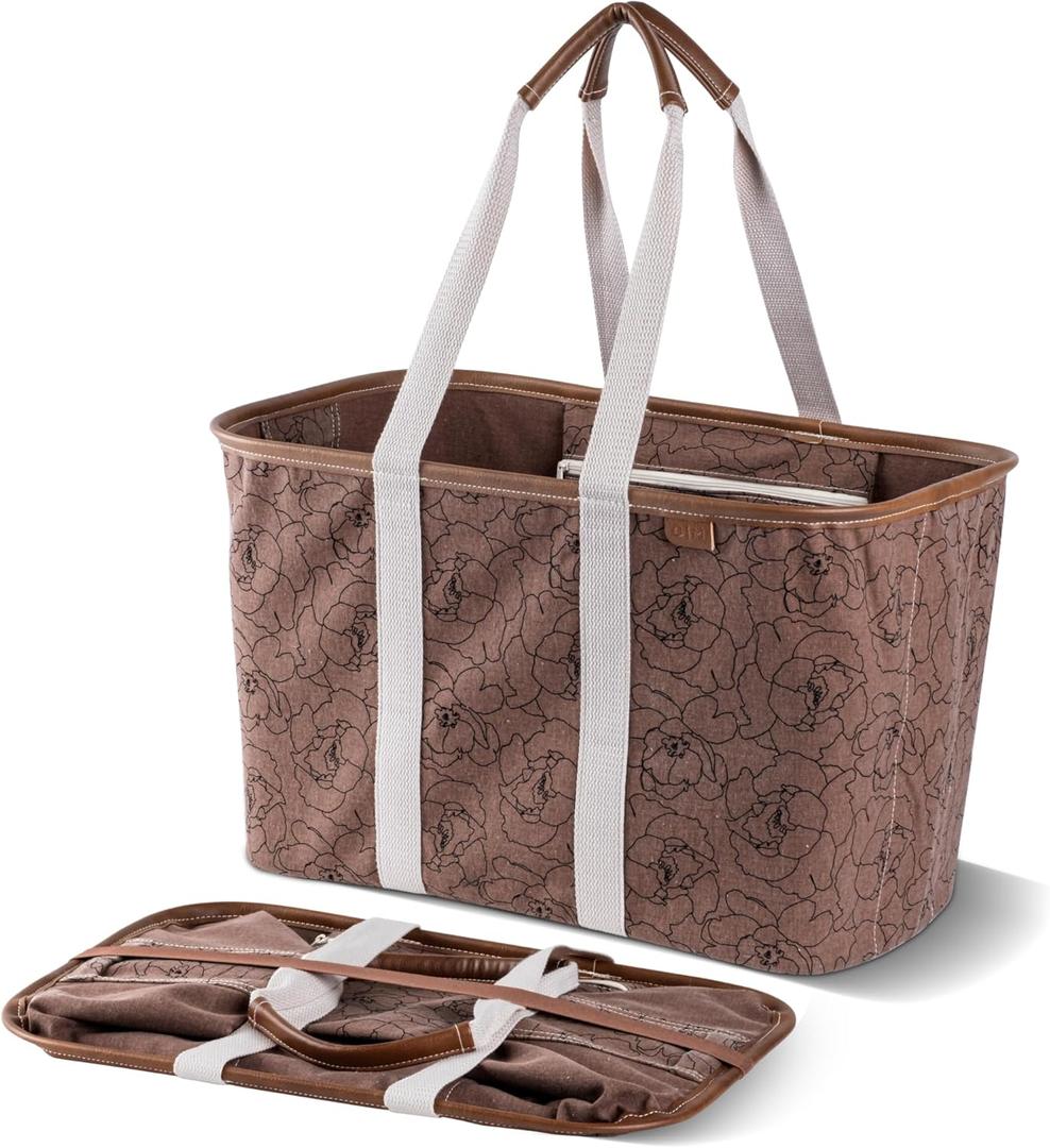 CleverMade Collapsible LUXE Tote - Reusable Grocery Shopping Storage Bag Organizer w/Handles Reinforced Bottom (Pretty in Peony)