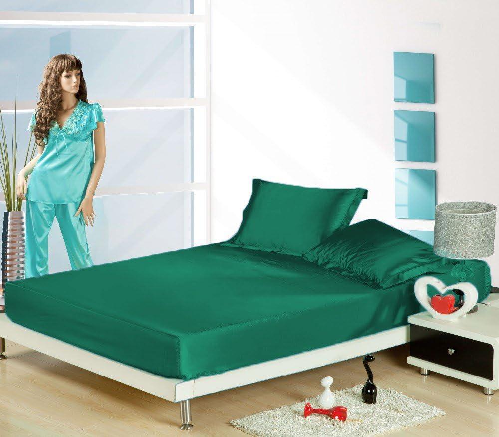 Luxurious Satin Silk Soft Bedding Set (Bedsheet with 2 Pillow Covers) for Home & Living Room(Set of 3pc) Twin, Queen, King, Cal King (Teal Green, California King)