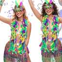 4 Pieces Mardi Gras Costume Accessory Set Sequin Mask Sequins Tassel Wrap Skirt Belly Dance Skirt Faux Feather Headband Feather Boa Mardi Gras Outfits for Women Girls Disco Carnival Party Yellow (Yellow)