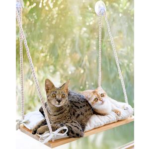Cat Window Perch for Large Cats - Hammock Bed for Heavy Indoor Cats - Solid Wood Seat, 5 Strong Suction Cups, Soft Cushion - Rustic Shelf for Pets Inside (Beige)