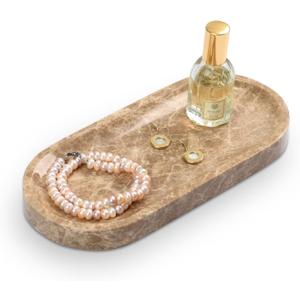 Bathroom Vanity Tray, Natural Marble Oval Tray 10 inch, Emperador Light Marble Vanity Tray for Soap Dispenser Modern Countertop Organizer for Kitchen Countertops, Home Decor
