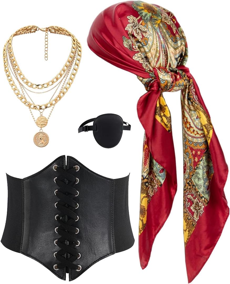 kasahara 4 Pcs Pirate Costume Accessories Women Pirate Bandanas Head Scarf Medieval Corset Eye Patch Necklace Jewelry (Black)