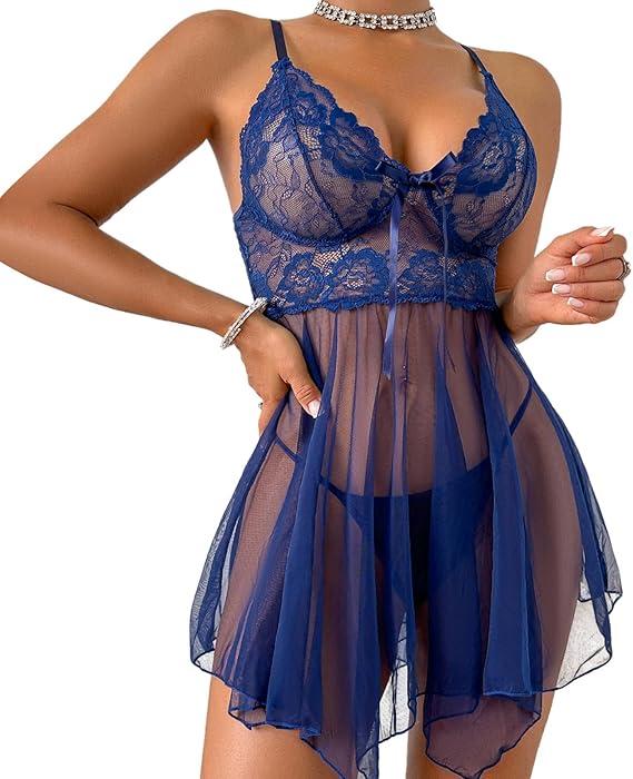 Women's Lingerie Sexy Lace Babydoll Dress Pajamas with Pantie (Navy, 2XL)