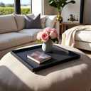 25 x 25 inches Luxury Leather Square Oversized Service Tray, Ottoman & Coffee Tray for Family Dinner, Out-of-House Picnic & Party 25 inch Black