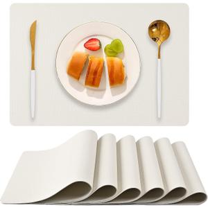Faux Leather Placemats Set of 6, Heat Resistant Wipeable Washable Vinyl Place Mats, Waterproof Anti-Slip Dining Table Mats, Suitable for Indoor & Outdoor Use (Ivory White)