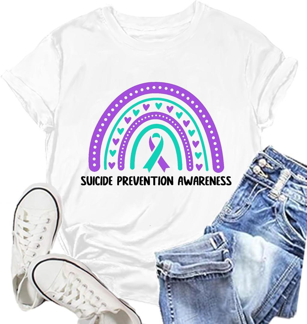Womens Suicide Prevention Awareness Shirt Teal and Purple Ribbon Tee (White, S)