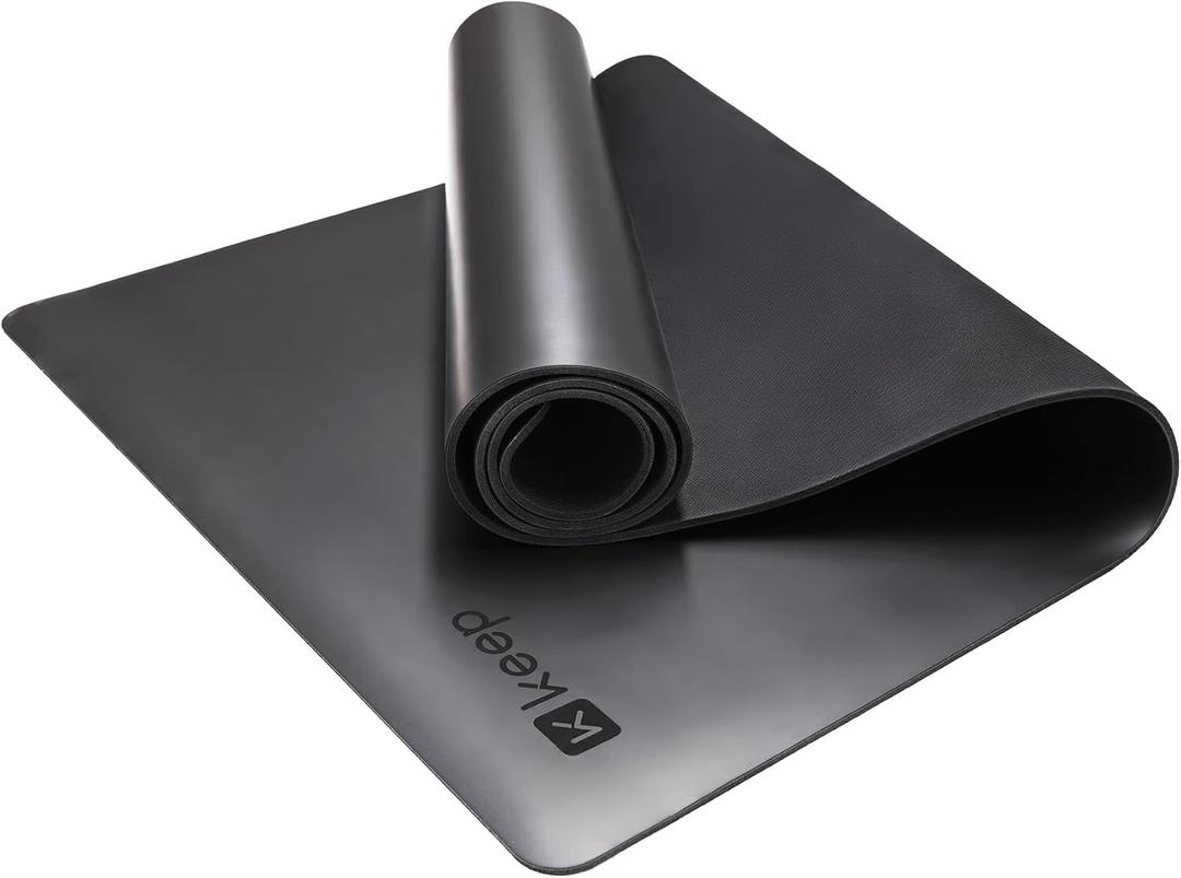KEEP Rubber Yoga Mat - Professional Sweat Absorbent PU & Natural Rubber. Non Slip Workout Mats for Women & Men, 5mm Thick, 74"x26" Extra Long Wide Pad for Hot Yoga, Pilates, HIIT, Home Gym - Strap Included (Black)