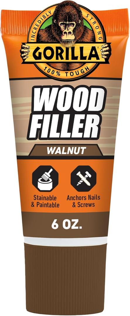 Gorilla All Purpose Wood Filler, Walnut Color, 6 Ounce Tube (Pack of 1) - Water Resistant for Indoor or Outdoor Projects and Repairs