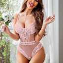 Avidlove Women Sexy Lingerie Sheer Lace Bodysuit V Neck Teddy Lingerie One Piece Mini Babydoll (Pink, XL)