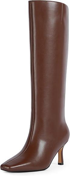 VIUGJNEX Knee High Boots for Women Stiletto Heel Square Toe Tall Boots with Side Zipper for Fall Dressy Fashion, 8