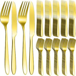 Nuenen 150 Pcs Stainless Steel Set 75 Dinner Forks and 75 Knives, Metal Steak Knives Forks Flatware Tableware Cutlery Set for Home Restaurant (Gold,9.06 x 0.79 Inches,8.07 x 0.94 Inches)