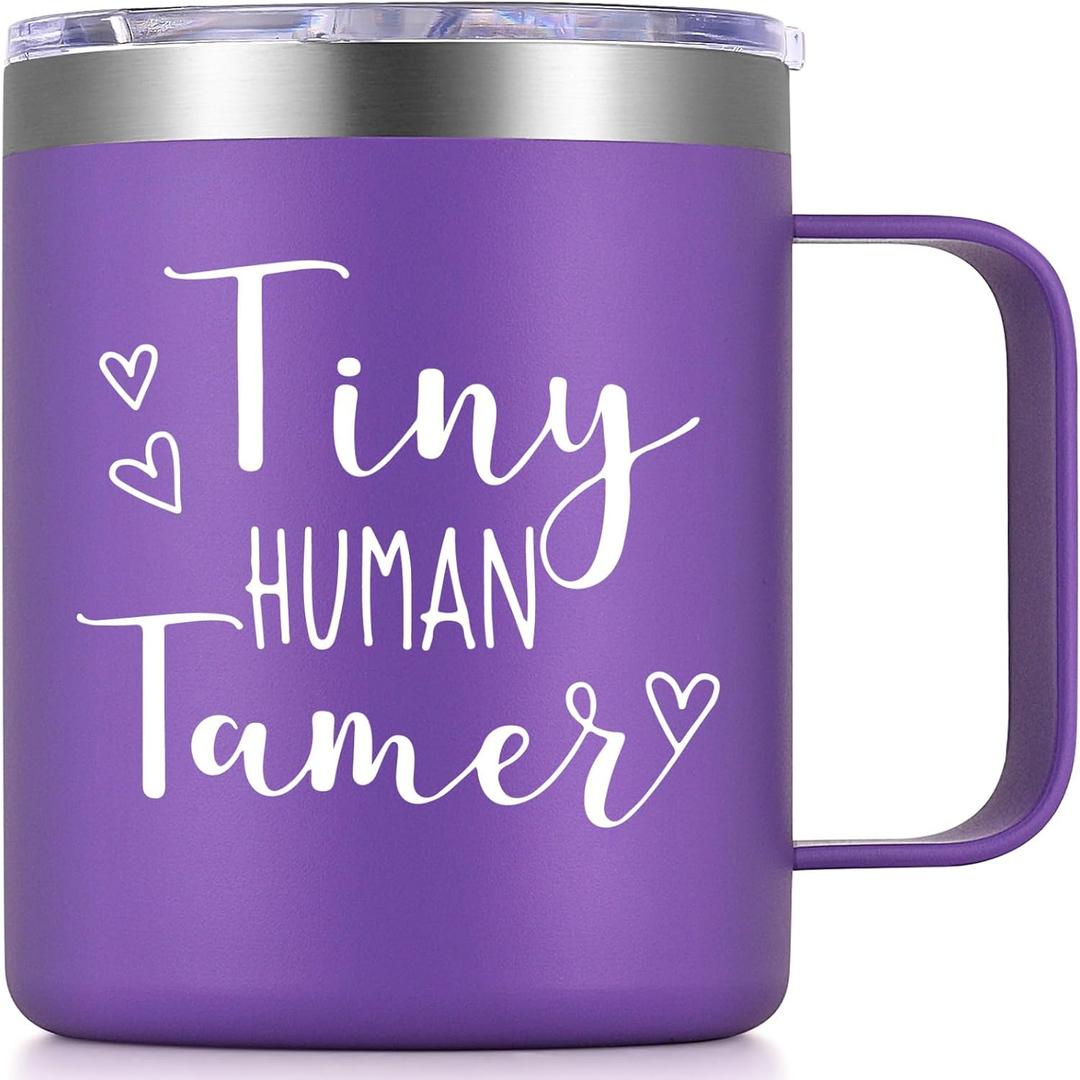 LiqCool Daycare Teacher Appreciation Gifts, Tiny Human Tamer Teacher Mug, Daycare Provider Preschool Teacher Gifts for Women, 12 Oz Travel Insulated Novelty Teacher Coffee Mug(Purple)
