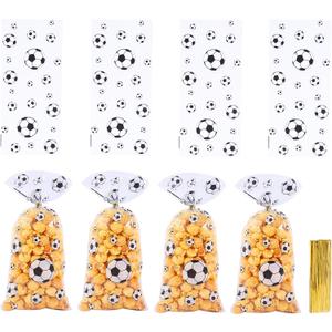 Soccer Treat Gift Bags 50PCS Soccer Cellophane Goodie Bags Durable Clear Plastic Treat Bags with 50 Twist Ties Soccer Party Favor Bags for Game Day, Birthday, Sports Events, Team & School Activities