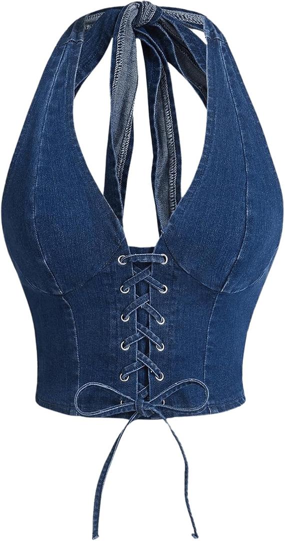 WDIRARA Women's Lace Up Front Denim Halter Tops Deep V Neck Tie Back Smocked Sleeveless Crop Top (Small) WDIRARA Women's Lace Up Front Denim Halter Tops Deep V Neck Tie Back Smocked Sleeveless Crop Top (Small)