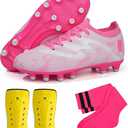 brooman Kids Firm Ground Soccer Cleats Boys Girls Football Shoes with Shin Guards and Soccer Socks (3.5,White Pink)