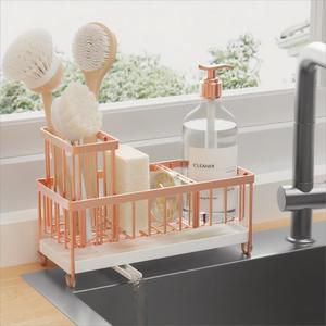 Cisily Sponge Holder for Kitchen Sink, Sink Caddy Organizer with High Brush Holder, Kitchen Countertop Organizers and Storage Essentials, Rustproof 304 Stainless Steel (Rose Gold, 9.25)