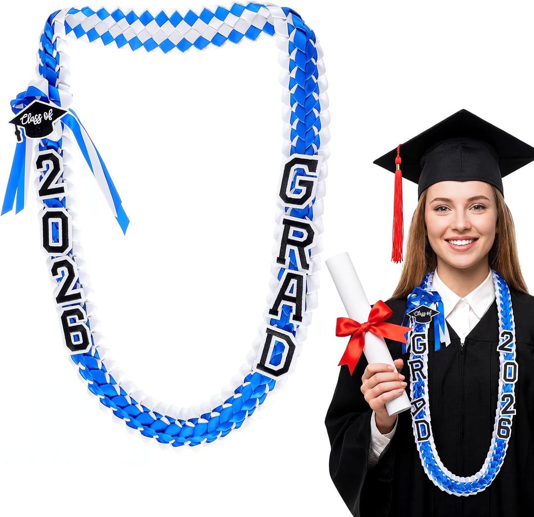 Graduation Lei 2026, Blue Double Strand Ribbon Lei | Handwoven, Decorated with Letters, Wreath & Graduation Cap, High School & Graduation ceremonies, DIY Decors Party Supplies