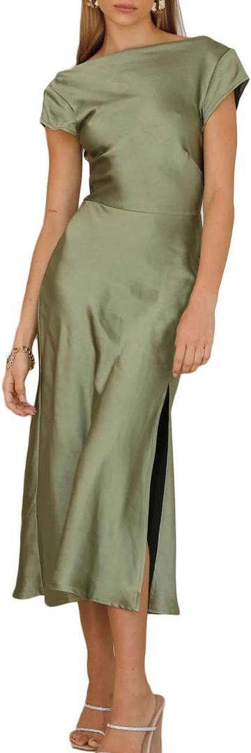 Women's Summer Satin Elegance Backless Twist Cap Sleeves Midi Dress 2026 Sexy Cowl Neck Slit Cocktail Wedding Guest Dresses (Green, XS)