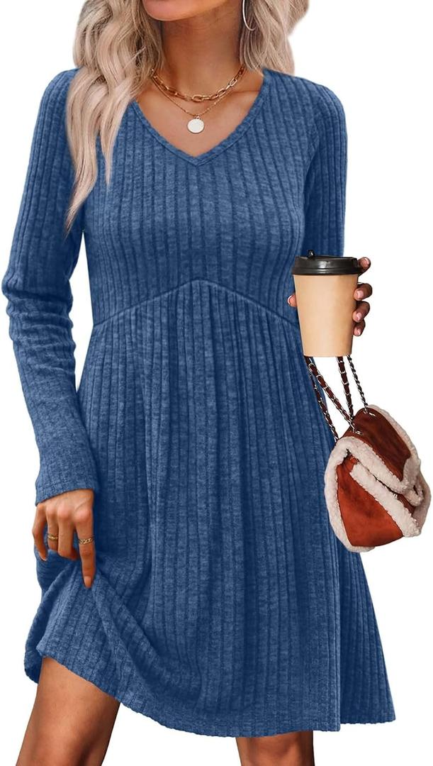 OFEEFAN Long Sleeve Sweater Dress Fall Dresses 2025 V Neck Empire Waist Baby Doll Dresses Women Casual Dress with Pockets (X-Large, Blue)