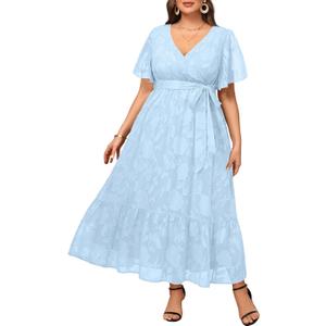 Pinup Fashion Plus Size Dresses for Wedding Guest - 2025 Cocktail Semi Formal Summer Wrap V Neck Maxi Dress (Light Blue) 22W