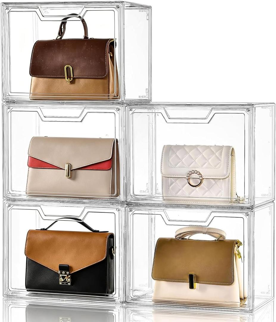 Purse Organizer for Closet,Clear Acrylic Display Case for Handbag Organizer, Purse Storage Box with Magnetic Door, Plastic Storage Bins for Book, Collectibles, Cosmetic (5 Pack)