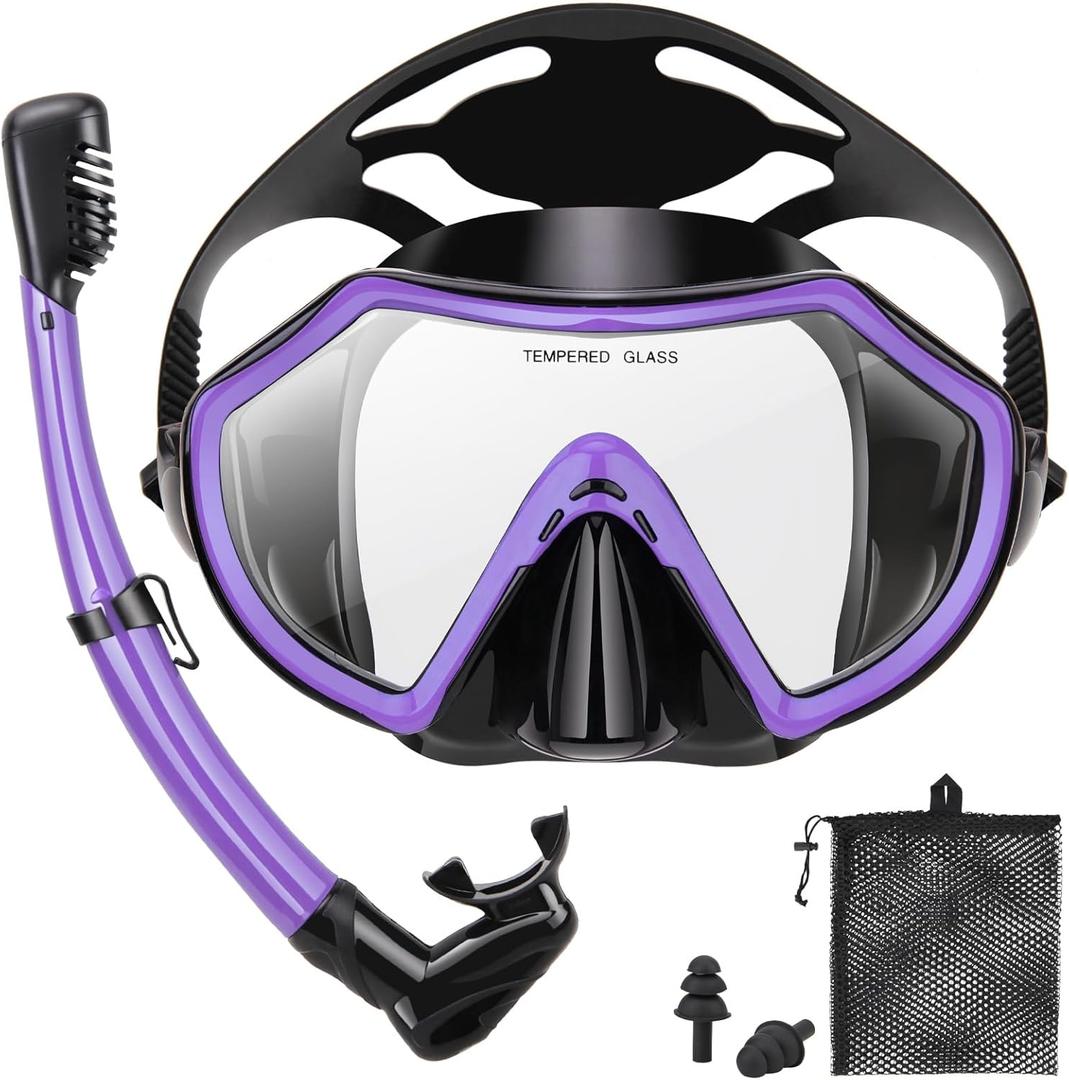 Snorkeling Gear for Adults, Dry Adult Snorkel Set HD Panoramic View Snorkel Mask Set, Anti-Leak and Anti-Fog Scuba Diving Package with Mesh Bag Ear Plug for Snorkeling Scuba Diving Travel (Purple)