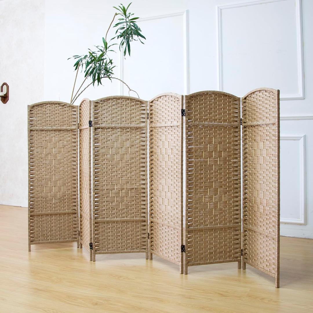 Furnnylane 6 Panel Rattan Divider Short Room Partition Screen,Double Sided Folding Divider for Room Separation,Light Brown,47.2" H x 94.5" W