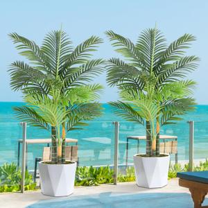 4ft Tall Triple Golden Cane Palm Artificial Tree 48" Large Tropical Palm Tree UV Resistant Fake Tree in Pot for Indoor Outdoor Big House Living Room Outside Patio Office Home Decor 2Pack