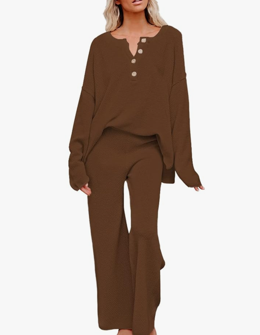 Women's 2 Piece Fall Outfit Lounge Set Long Sleeve Button Pullover Sweater Matching Wide Leg Pants Knit Sweatsuit, Brown