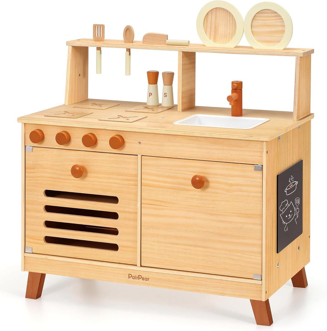 PairPear Play Kitchen for Kids, Large Natural Wood Kids Kitchen Playset