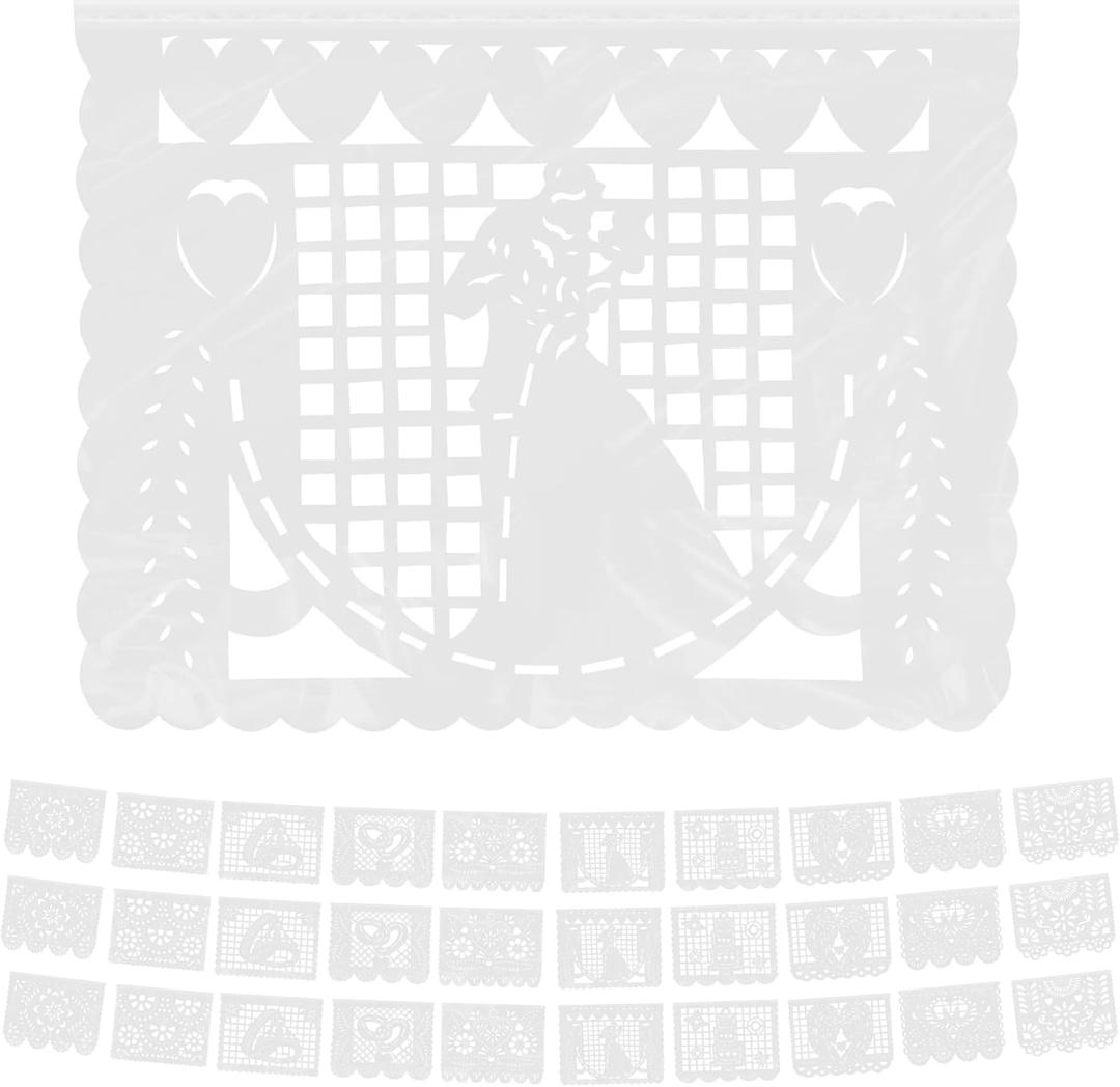 Mexican 50 ft / 15 m (3 Pack) Wedding White Papel Picado Banner (Plastic) Wedding Boda Casados Theme Fiesta Cinco de Mayo Banners for Outside Mexican Papel Picado Banner Dia de Los Muertos Decorations