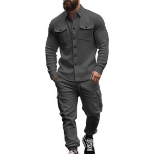 Men's Fleece Cargo Jacket Tracksuit Set 2 Pieces Solid Color Long Sleeve Button up Jacket and Cargo Pants Set, XL