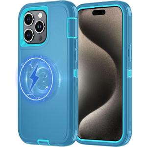 7 x for iPhone 15 Pro Case [Compatible with MagSafe], Heavy Duty Shockproof 3-Layer Full-Body Protection Rugged Cover, Drop-Resistant and Wireless Charging Friendly (Aqua, iPhone 15 Pro)