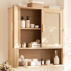 INNOD Rattan Bathroom Wall Cabinet with Open Compartments, Wall-Mounted Medicine Cabinet with Adjustable Wood Shelf & Doors, Over the Toilet Storage Cabinet for Laundry Room & Kitchen & Living Room