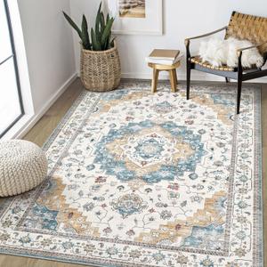 Area Rugs for Living Room: Washable 5x7 Living Room Rug Large Soft Vintage Floral Farmhouse Indoor Retro Area Rugs for Bedroom Dining Room Home Office - Blue/Yellow/Beige