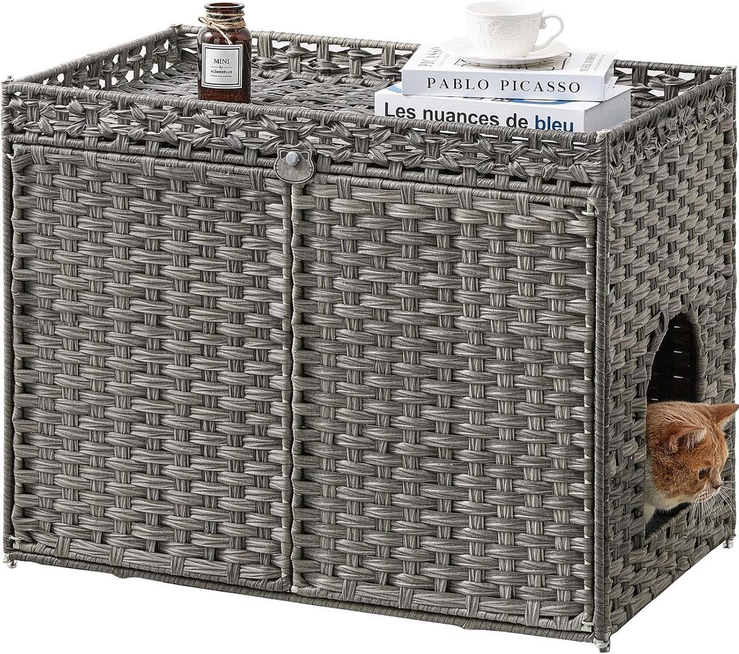 SETVSON Cat Litter Box Enclosure Furniture, Handwoven Rattan Hidden Litter Box with Mat, Large Space Cat House with 2 S-Shaped Hooks 30.3 x 18.3 x 24.4 Inches, Indoor for Living Room Apartment Gray