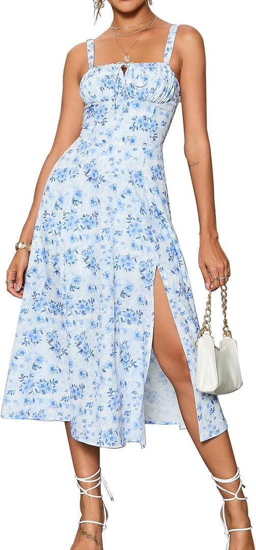 GLNEGE Summer Corset Midi Wedding Guest Milkmaid Tea Party Flowy Sundress | Women's Spring Lace Up Bridal Shower Dresses Cottage Core A Line Slit Semi Formal Cocktail Party Sun Dress (Blue, XXL)