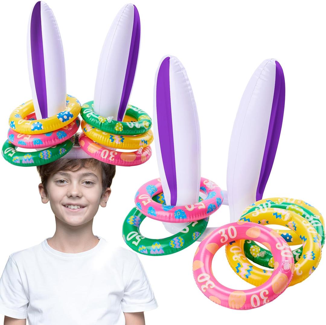 JOYIN Easter Inflatable Bunny Ears Ring Toss Game(2 Set 12 Rings), Inflatable Rabbit Toss Game, Indoor and Outdoor Game for Easter Party Supplies