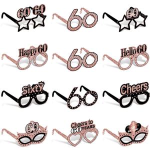 Zirtorei 24pcs 60th Birthday Paper Eyeglasses Decorations for Women, Rose Gold Happy 60th Birthday Eyeglasses Party Supplies, Cheers to 60 Years Bday Glasses Hello Sixty Photo Booth Props Decor