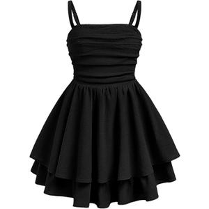 EXARUS Girls Summer Dress Teen Graduation Dance Vacation Ruched Ruffled Layered Spaghetti Strap Mini Dresses Size 14Y